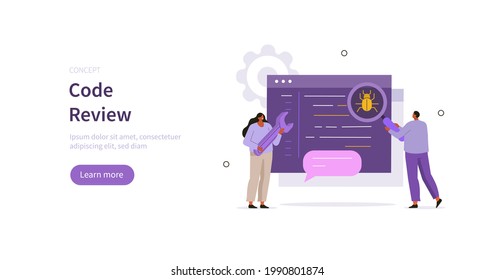 People characters reviewing program code. Developers team solving errors and bugs. Software development process and code review concept. Flat cartoon vector illustration.