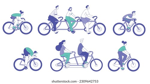 People Characters Riding Bike Enjoying Healthy Lifestyle Vector Set