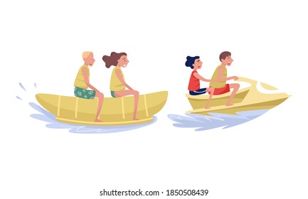 People Characters Riding Water Sled and Motorboat Vector Illustration Set
