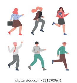 People Characters Running Hurrying Up at Work Vector Set