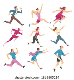 People Characters Running and Pushing Forward in a Hurry Vector Illustration Set