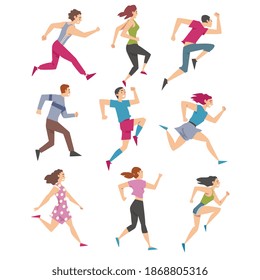 People Characters Running and Pushing Forward in a Hurry Vector Illustration Set