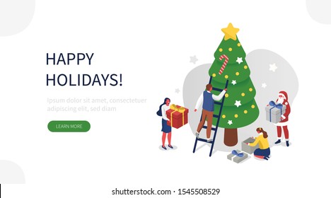 People Characters and Santa Claus Decorating Christmas Tree, Preparing Gift Boxes and Celebrating Winter Holidays. Merry Christmas and Happy New Year Concept. Flat Isometric Vector Illustration. 