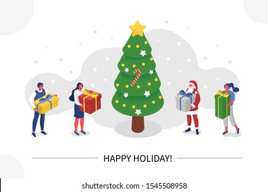 People Characters and Santa Claus Decorating Christmas Tree, Preparing Gift Boxes and Celebrating Winter Holidays. Merry Christmas and Happy New Year Concept. Flat Isometric Vector Illustration. 