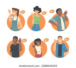 People Characters Saying Hello and Showing Hand Greeting Gesture Vector Illustration Set