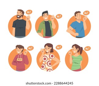 Juego de ilustraciones de vectores de gestos de saludo y saludo de mano
