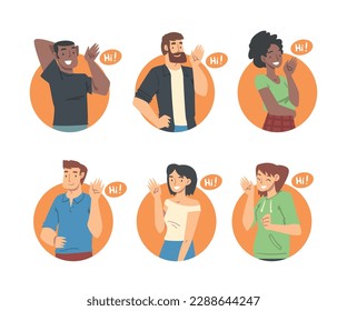 People Characters Saying Hello and Showing Hand Greeting Gesture Vector Illustration Set