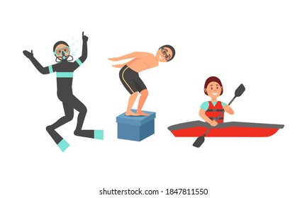 People Characters Scuba Diving and Kayaking Vector Illustration Set