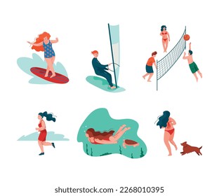 People Characters at Sea Shore and Beach Enjoying Summertime Rest Vector Set