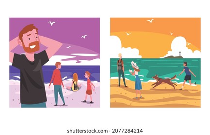 People Characters at Sea Shore Walking Enjoying Warm Day Vector Illustration Set