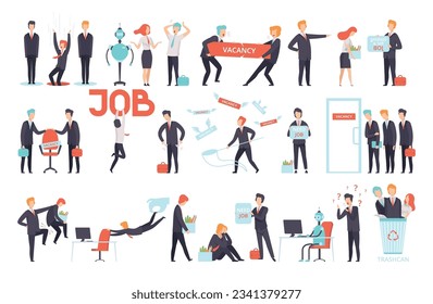 People Characters Searching and Losing Their Jobs as Recruitment and Hiring Vector Set