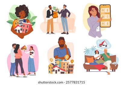 People characters searching new home apartment and real estate agent to make good legal deal and finance bargain contract isolated set. Guarantee property market investment vector illustration