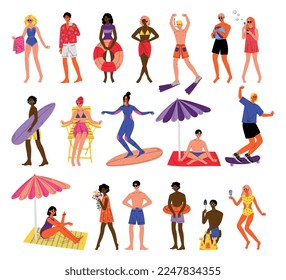People Characters at Seaside Surfing, Sunbathing and Riding Skateboard Enjoying Hot Summer Big Vector Set