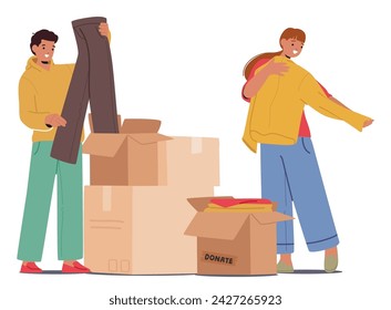 People Characters Select Donated Clothes With Care, Seeking Quality, Size Fit, And Personal Style Preferences From A Variety Of Gently Used Options Available To Them. Cartoon Vector Illustration