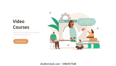 People characters self studying online in internet educational platform. Students having video call with teacher. Distance learning and online education concept. Flat cartoon vector illustration.
