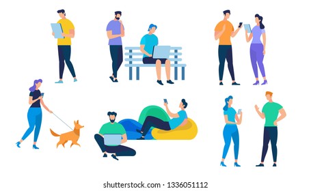 People Characters Set Isolated on White Background. Talking Young Couple, Girl Walking with Dog, Guy Working on Laptop, Lounging Man Using Gadget. Communication, Cartoon Flat Vector Illustration.