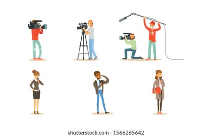 People Characters Shooting News and Journalists Doing Reportages Vector Set