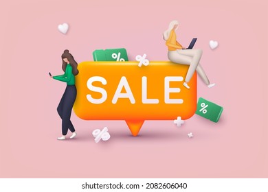 People Characters Shop At An Online Store. Discount Banner Design. Online Shopping Concept. 3D Web Vector Illustrations. 