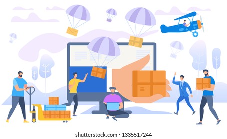 People Characters Shopping. Express Delivery. Big Hand Giving Parcel Through Huge Monitor. Online Application for Order Shipping. E-commerce Sales, Parachutes Shipping Parcel. Flat Vector Illustration