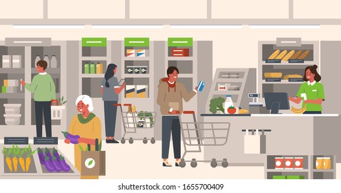 People Characters Shopping in Grocery Supermarket. Woman and Man Holding Shopping Trolley and Basket and Choosing Food Products. Retail Cashier Scanning Grocery. Flat Cartoon Vector Illustration.