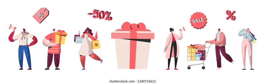 People characters shopping on sale, discount, buying gifts and presents. Online shopping, mobile marketing and purchase concept, e-commerce. Vector illustration