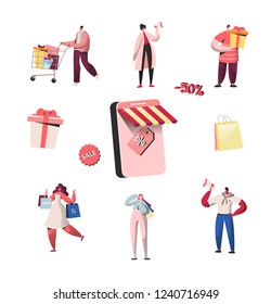 People characters shopping on sale, discount, buying gifts and presents. Online shopping, mobile marketing and purchase concept, e-commerce. Vector illustration