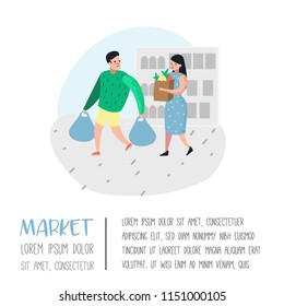 People Characters Shopping in Supermarket with Bags Poster. Flat Cartoon Customers Man and Woman Buying Products. Vector illustration