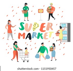 People Characters Shopping in Supermarket with Bags and Carts. Flat Cartoon Customer Buying Products, Cashier, Seller, Buyer. Vector illustration