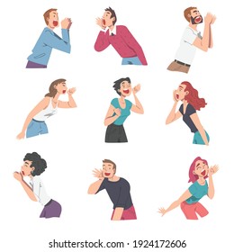 People Characters Shouting and Screaming Loud to the Side Holding Hand Near Mouth Vector Illustration Set