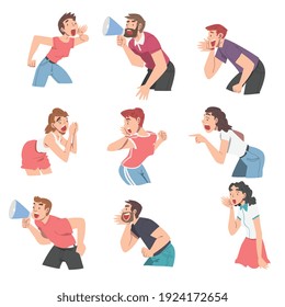 People Characters Shouting and Screaming Loud to the Side Holding Hand Near Mouth Vector Illustration Set