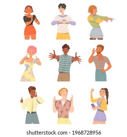 People Characters Showing Positive Gestures with Hands Feeling Happiness and Excitement Vector Illustration Set