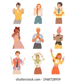 People Characters Showing Positive Gestures with Hands Feeling Happiness and Excitement Vector Illustration Set