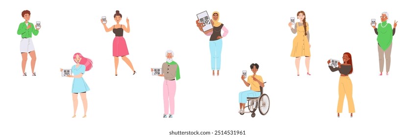 Personas Caracteres que muestran el código QR en su conjunto de Ilustraciones vectoriales de gadgets