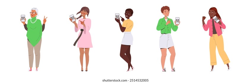 Caracteres de Pessoas Mostrando o Código QR no Conjunto de Ilustrações do Vetor de Gadget
