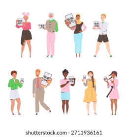 Personas Caracteres que muestran el código QR en su conjunto de Ilustraciones vectoriales de gadgets