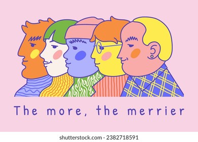 Personajes de la gente. Caras laterales. Felices multiétnicas en multitud. Vista inusual del retrato de arte cómico. Diferentes grupos de hombres y mujeres. Retrato de Doodle. Cita texto. Equipo internacional. Diseño de póster vectorial