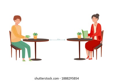People Characters Sitting at Cafe Table Social Distancing Vector Illustration