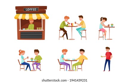 People Characters Sitting at Cafe Table Drinking Coffee and Eating Street Food Vector Illustration Set