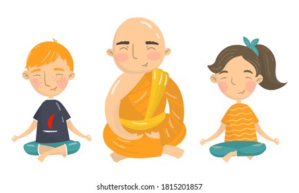 People Characters Sitting in Lotus Pose and Meditating Vector Illustration Set