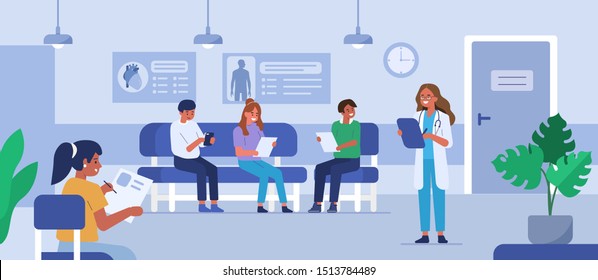
People characters sitting on chairs and waiting appointment time in medical hospital. Doctor inviting next patient in cabinet. Man and woman in queue at the clinic. Flat cartoon vector illustration.