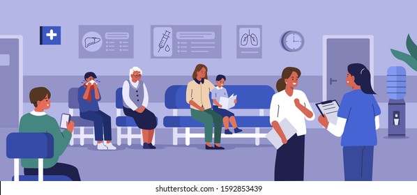 People Characters Sitting on Chairs and Waiting Appointment Time in Medical Hospital. Doctor Inviting next Patient in Cabinet. Man and woman in Queue at the Clinic. Flat Cartoon Vector Illustration.
