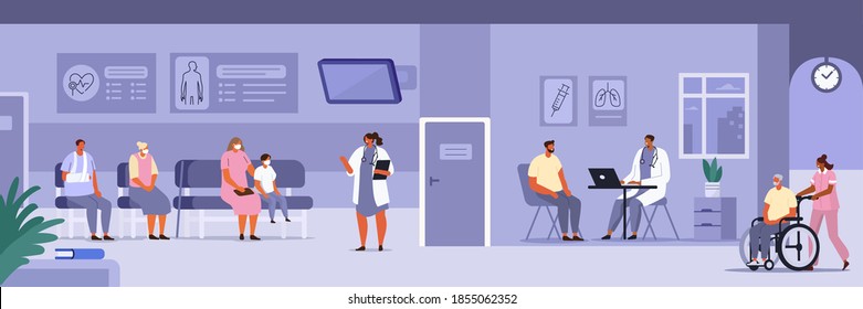 People Characters Sitting on Chairs in Queue and Waiting Appointment Time. Doctor Inviting next Patient in Cabinet in Medical Hospital. Flat Cartoon Vector Illustration.