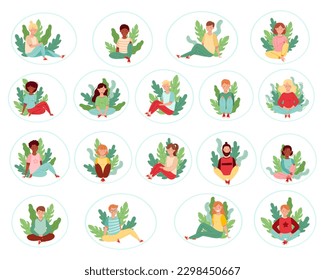 People Characters Sitting on the Ground with Floral Leaves Behind Big Vector Illustration Set