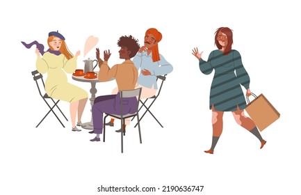 Personajes sentados en la mesa en un café o restaurante hablar y beber café vector Set