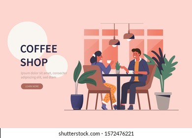 People Characters Sitting Together at Table in Modern Loft Style Coffee Shop and Drinking Coffee. Woman and Man Meeting and Talking in Coffeehouse or Cafe.  Flat Cartoon Vector Illustration. 