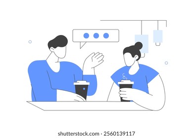 People Characters Sitting Together at Table in Modern Loft Style Coffee Shop and Drinking Coffee. Woman and Man Meeting and Talking in Coffeehouse or Cafe. Flat Cartoon Vector Illustration, icon