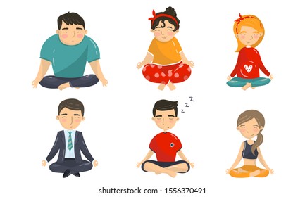 People Characters Sitting in Yoga Pose and Doing Meditation Vector Set