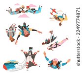 People Characters Skydiving Falling Down with Parachute and in Wingsuit Vector Set