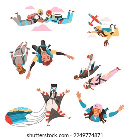 People Characters Skydiving Falling Down with Parachute and in Wingsuit Vector Set