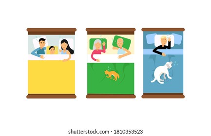 People Characters Sleeping in Bed Vector Illustration Set